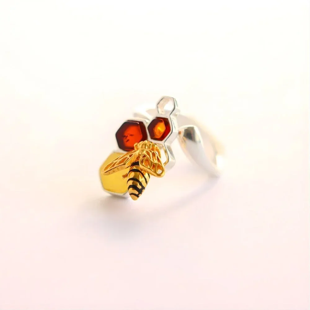 Baltic Amber Bee and Honeycomb Ring in Sterling Silver